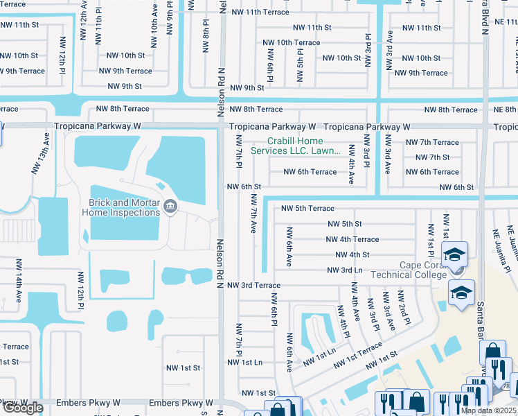 map of restaurants, bars, coffee shops, grocery stores, and more near 515 Northwest 7th Terrace in Cape Coral
