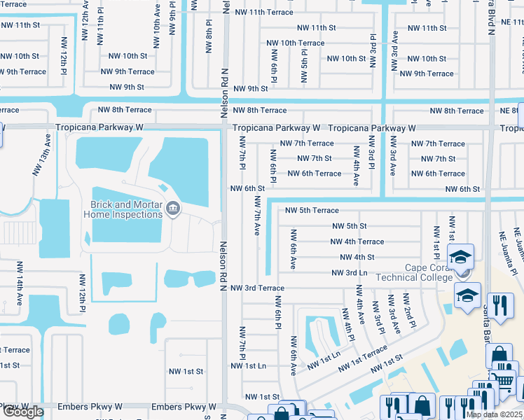 map of restaurants, bars, coffee shops, grocery stores, and more near 515 Northwest 7th Terrace in Cape Coral