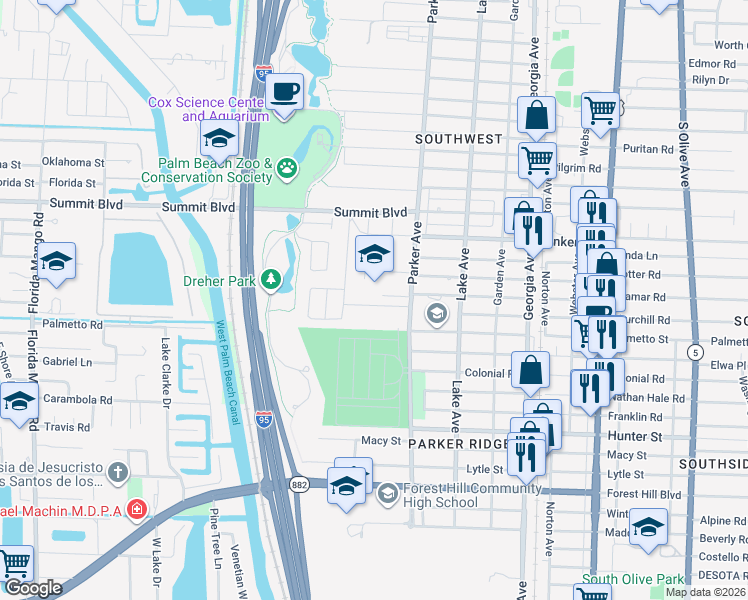 map of restaurants, bars, coffee shops, grocery stores, and more near 935 Churchill Rd in West Palm Beach