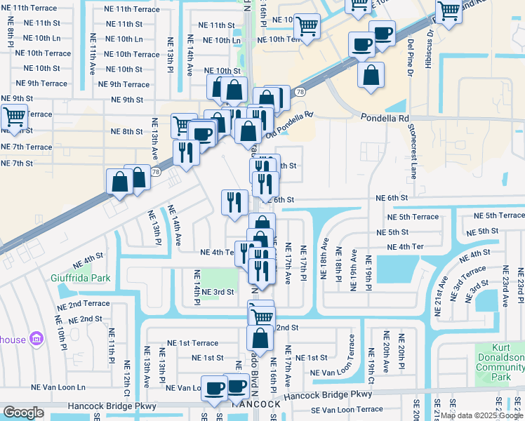 map of restaurants, bars, coffee shops, grocery stores, and more near 441 Del Prado Boulevard North in Cape Coral