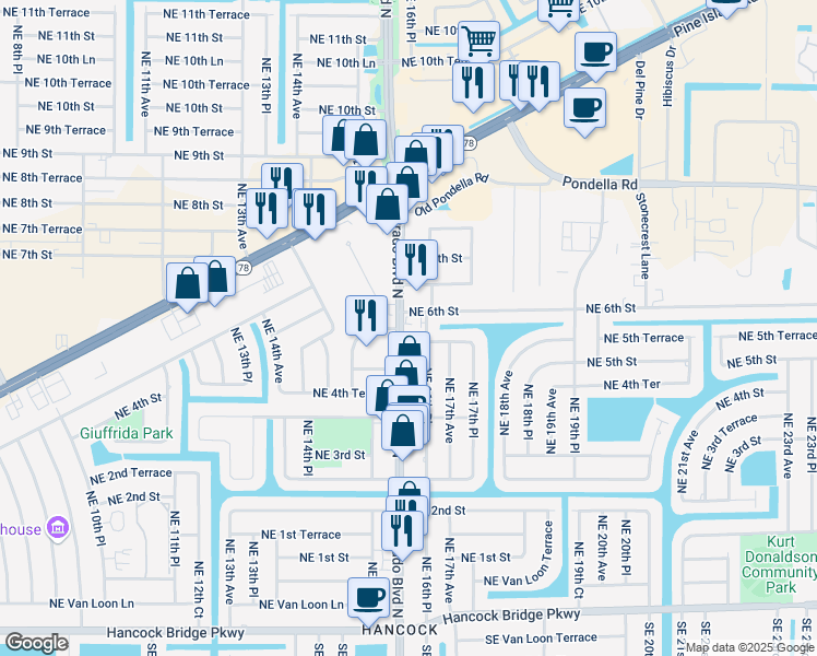 map of restaurants, bars, coffee shops, grocery stores, and more near 441 Del Prado Boulevard North in Cape Coral