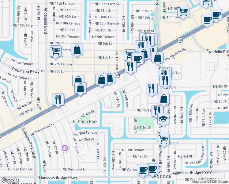 map of restaurants, bars, coffee shops, grocery stores, and more near 1307 Northeast Pine Island Lane in Cape Coral
