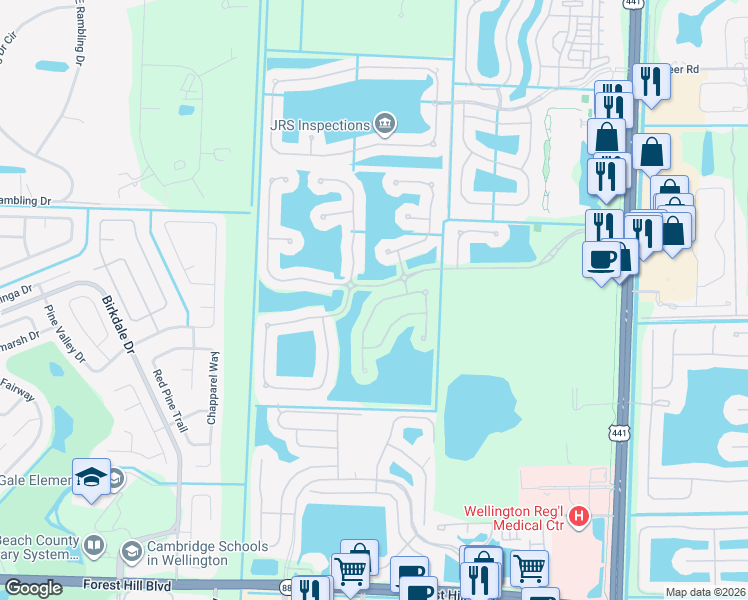map of restaurants, bars, coffee shops, grocery stores, and more near 10523 Galleria Street in Wellington