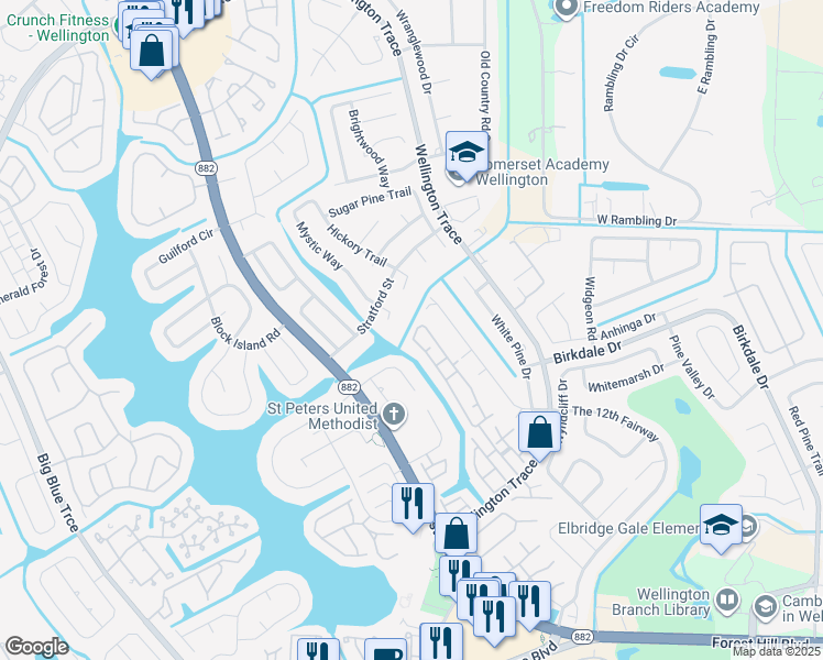 map of restaurants, bars, coffee shops, grocery stores, and more near 1364 Waterway Cove Drive in Wellington