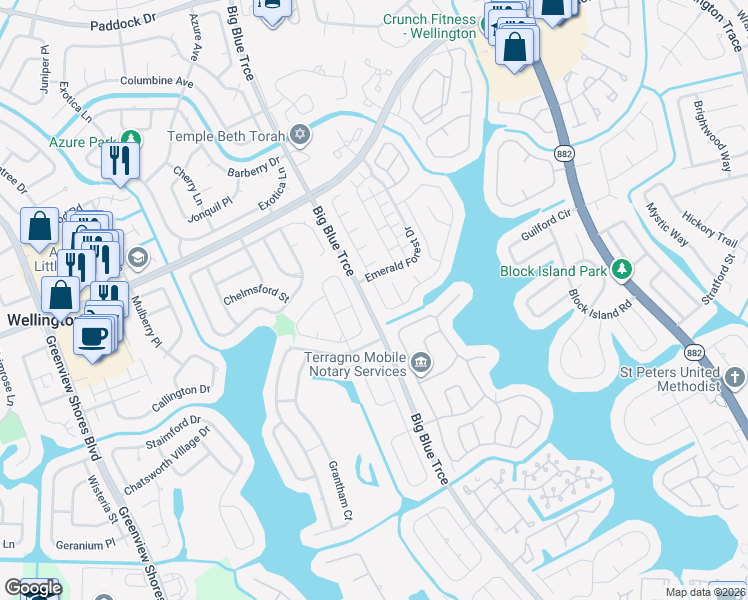 map of restaurants, bars, coffee shops, grocery stores, and more near 1328 Lake Breeze Drive in Wellington