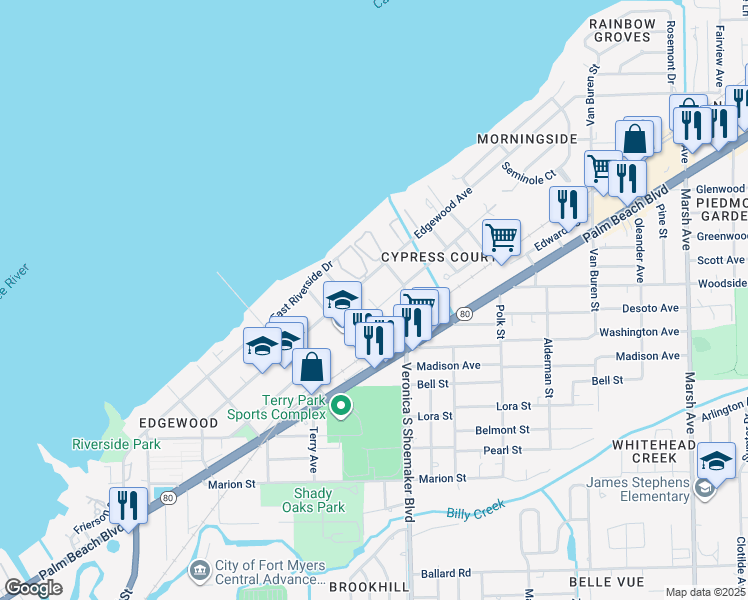 map of restaurants, bars, coffee shops, grocery stores, and more near 3561 Seminole Avenue in Fort Myers
