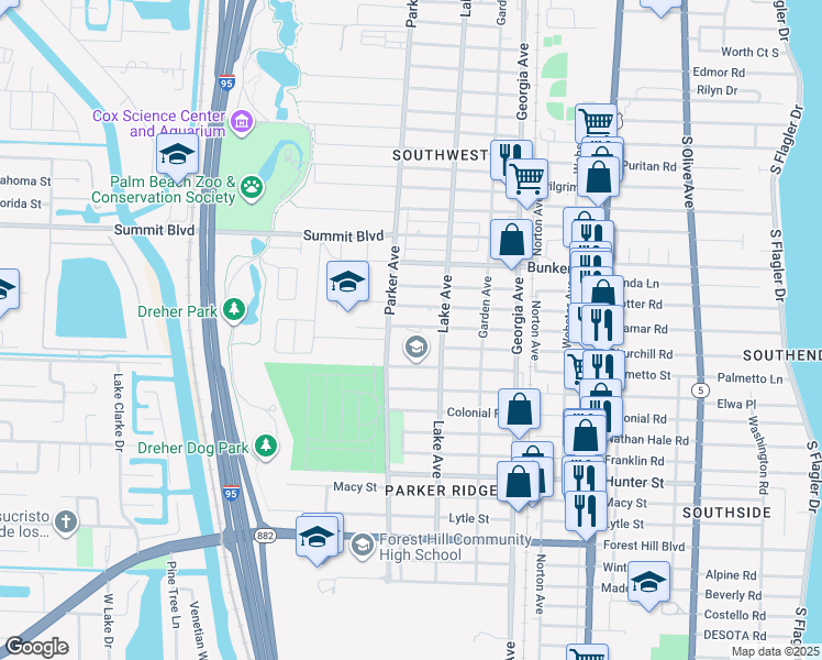 map of restaurants, bars, coffee shops, grocery stores, and more near 6 Highland Drive in West Palm Beach