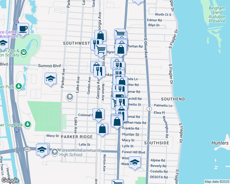 map of restaurants, bars, coffee shops, grocery stores, and more near 417 Revere Road in West Palm Beach