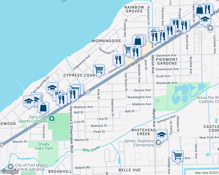 map of restaurants, bars, coffee shops, grocery stores, and more near 3839 Desoto Avenue in Fort Myers