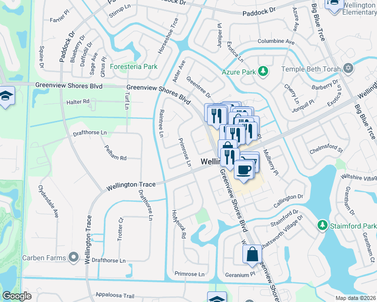 map of restaurants, bars, coffee shops, grocery stores, and more near 1330 Primrose Lane in Wellington