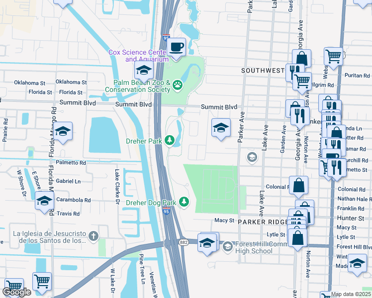 map of restaurants, bars, coffee shops, grocery stores, and more near 5807 Churchill Cir W in West Palm Beach