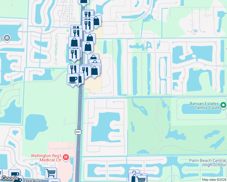 map of restaurants, bars, coffee shops, grocery stores, and more near 958 Whippoorwill Way in West Palm Beach