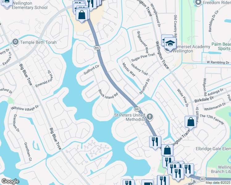 map of restaurants, bars, coffee shops, grocery stores, and more near 1222 Block Island Road in Wellington