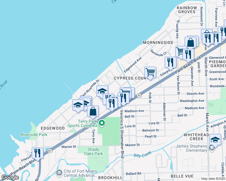 map of restaurants, bars, coffee shops, grocery stores, and more near 3561 Seminole Avenue in Fort Myers