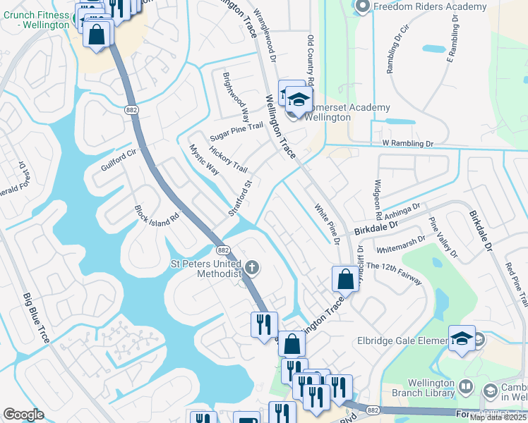 map of restaurants, bars, coffee shops, grocery stores, and more near 1364 Waterway Cove Drive in Wellington