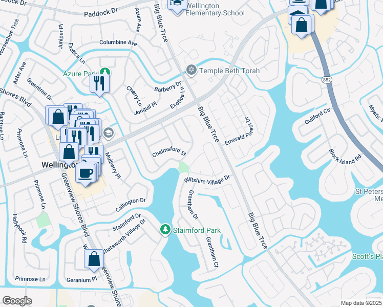 map of restaurants, bars, coffee shops, grocery stores, and more near 13424 Northumberland Circle in Wellington