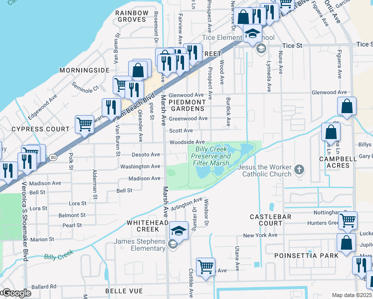 map of restaurants, bars, coffee shops, grocery stores, and more near 4275 Desoto Avenue in Fort Myers