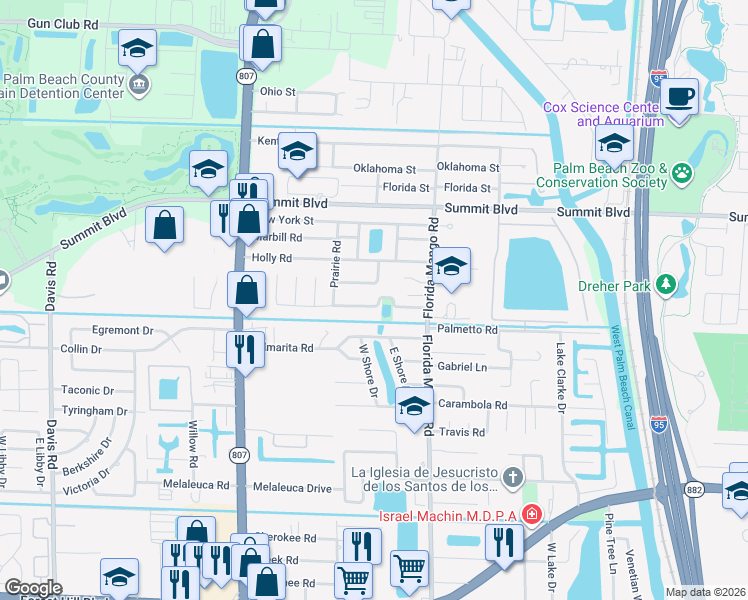 map of restaurants, bars, coffee shops, grocery stores, and more near 2645 Flamango Lake Drive in West Palm Beach