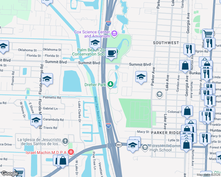 map of restaurants, bars, coffee shops, grocery stores, and more near 5701 Dreher Trail South in West Palm Beach