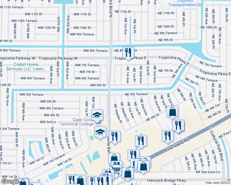 map of restaurants, bars, coffee shops, grocery stores, and more near 9 Northeast 5th Terrace in Cape Coral