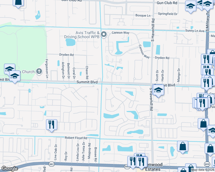 map of restaurants, bars, coffee shops, grocery stores, and more near 1020 Summit Place Circle in West Palm Beach