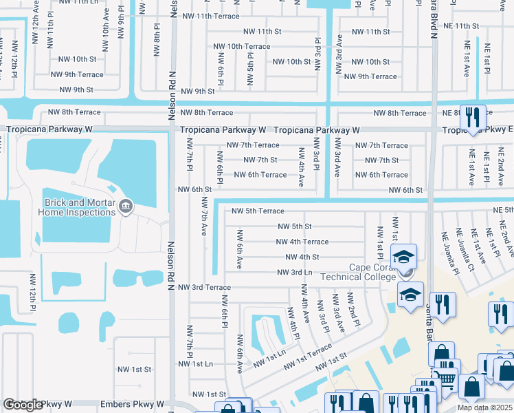 map of restaurants, bars, coffee shops, grocery stores, and more near 509 Northwest 5th Terrace in Cape Coral