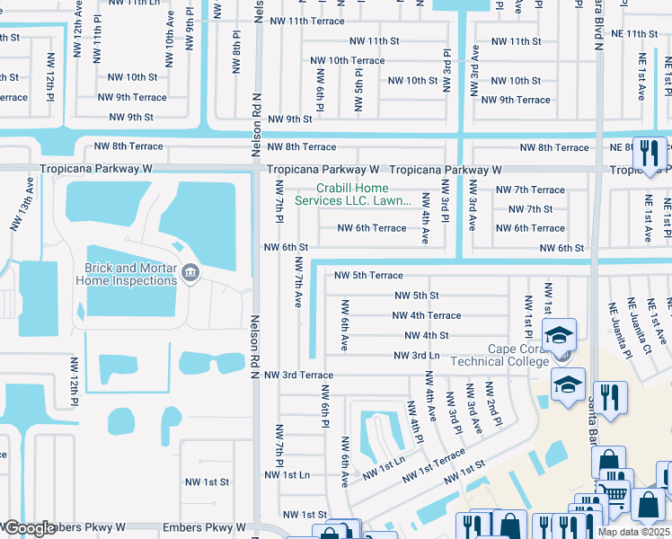 map of restaurants, bars, coffee shops, grocery stores, and more near 607 Northwest 5th Terrace in Cape Coral