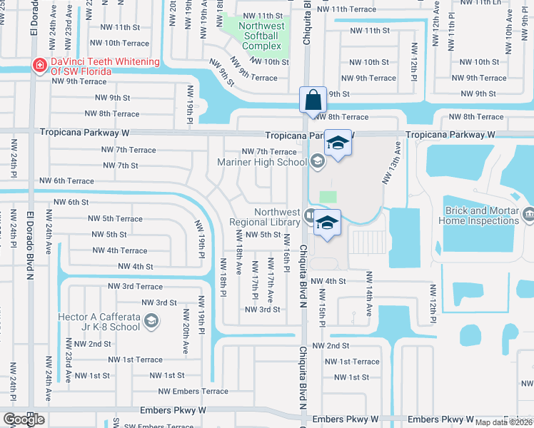 map of restaurants, bars, coffee shops, grocery stores, and more near 1703 Northwest 5th Terrace in Cape Coral