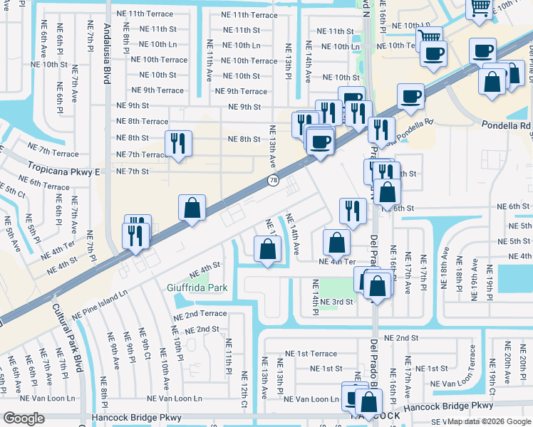 map of restaurants, bars, coffee shops, grocery stores, and more near 1307 Northeast Pine Island Lane in Cape Coral