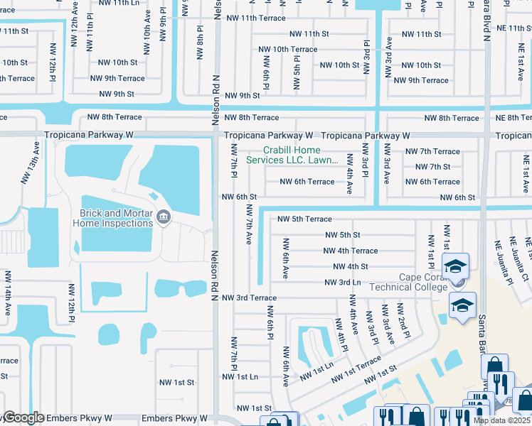 map of restaurants, bars, coffee shops, grocery stores, and more near 607 Northwest 5th Terrace in Cape Coral