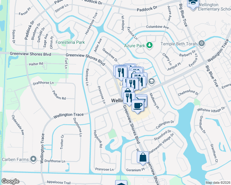 map of restaurants, bars, coffee shops, grocery stores, and more near 1338 Periwinkle Place in Wellington