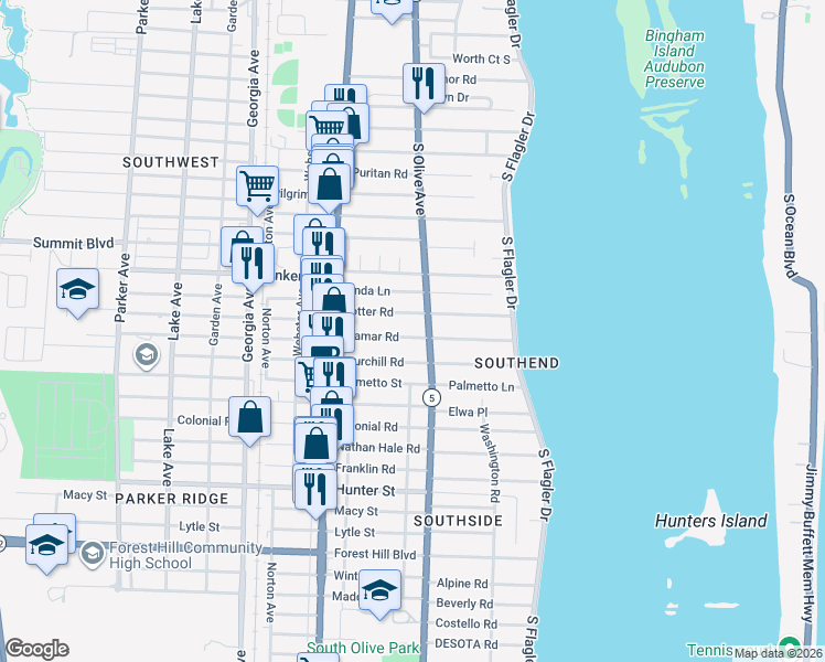 map of restaurants, bars, coffee shops, grocery stores, and more near 5801 South Olive Avenue in West Palm Beach