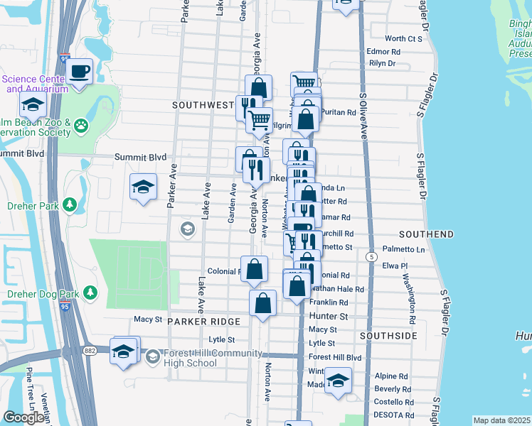 map of restaurants, bars, coffee shops, grocery stores, and more near 525 Revere Road in West Palm Beach