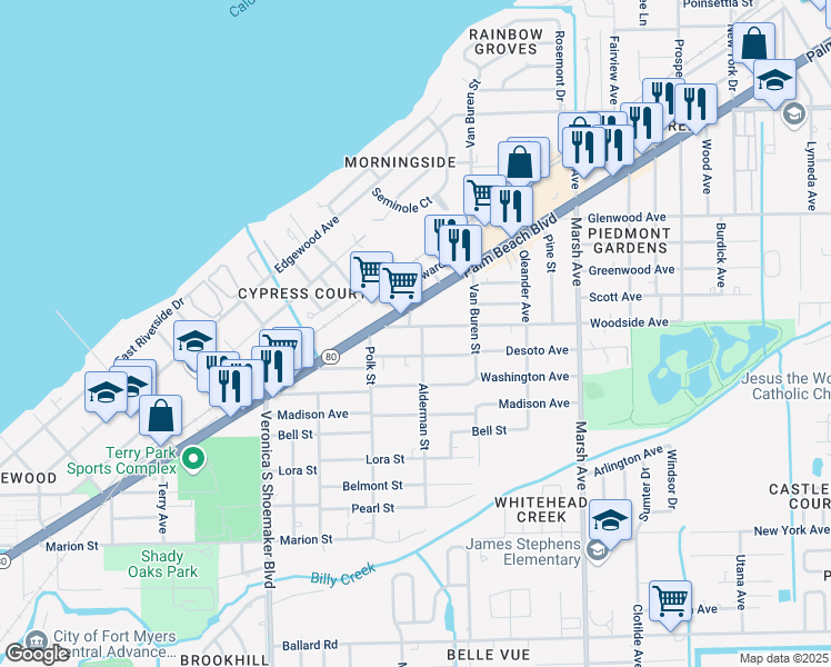map of restaurants, bars, coffee shops, grocery stores, and more near 3839 Desoto Avenue in Fort Myers