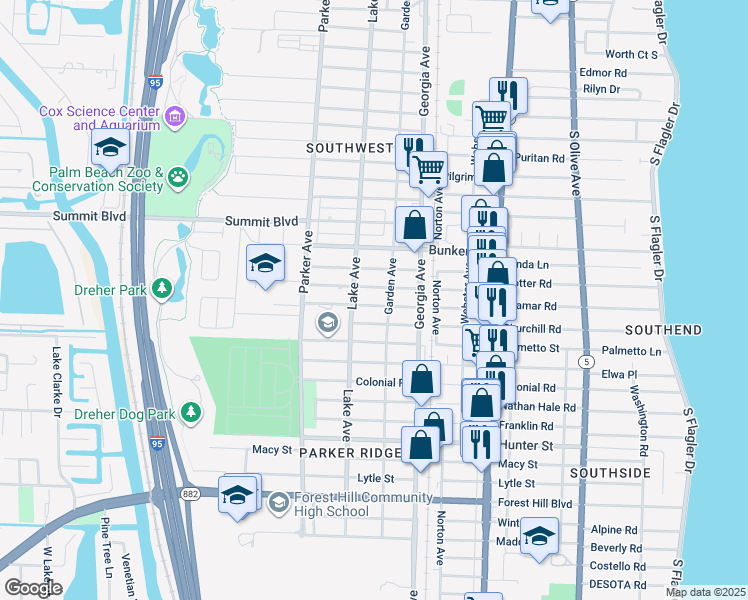 map of restaurants, bars, coffee shops, grocery stores, and more near 714 Highland Drive in West Palm Beach