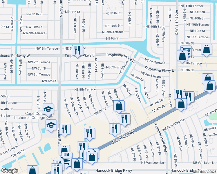 map of restaurants, bars, coffee shops, grocery stores, and more near 506 Northeast 3rd Avenue in Cape Coral