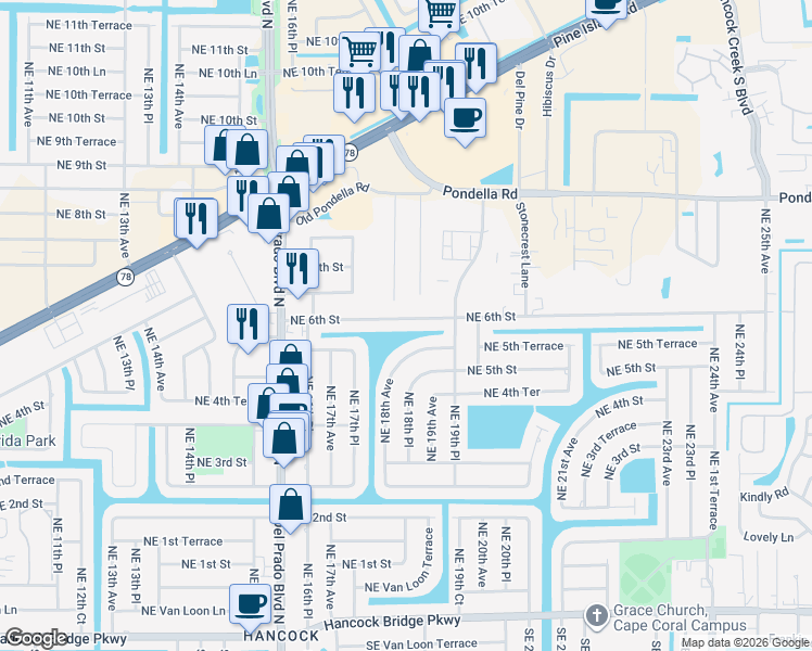 map of restaurants, bars, coffee shops, grocery stores, and more near 1812 Northeast 6th Street in Cape Coral