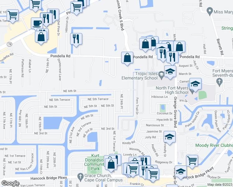 map of restaurants, bars, coffee shops, grocery stores, and more near 525 Northeast 24th Avenue in Cape Coral