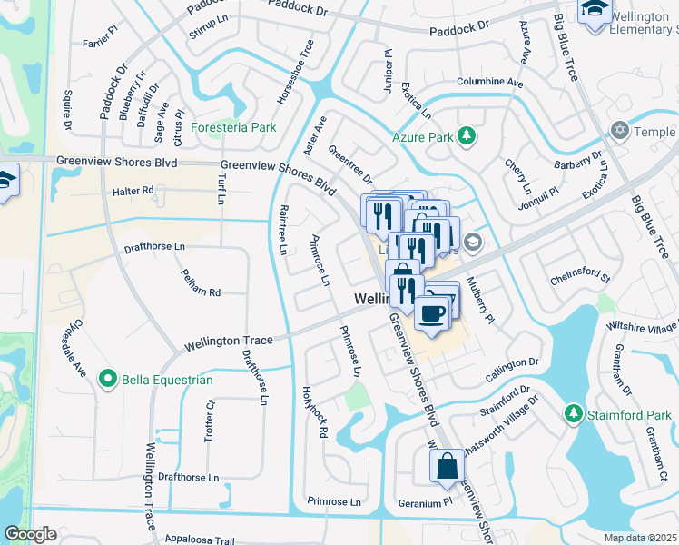 map of restaurants, bars, coffee shops, grocery stores, and more near 1275 Periwinkle Place in Wellington