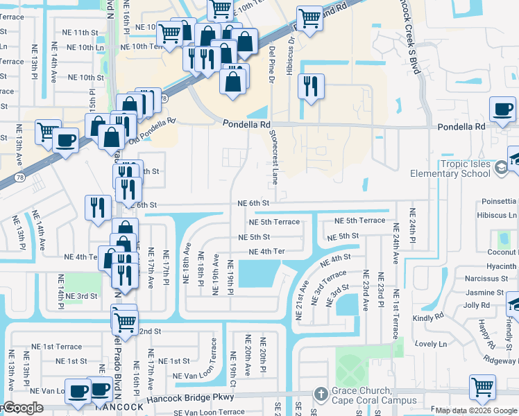 map of restaurants, bars, coffee shops, grocery stores, and more near 2002 Northeast 6th Street in Cape Coral