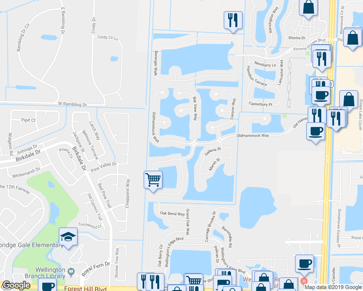 map of restaurants, bars, coffee shops, grocery stores, and more near 10602 OldHammock Way in Wellington