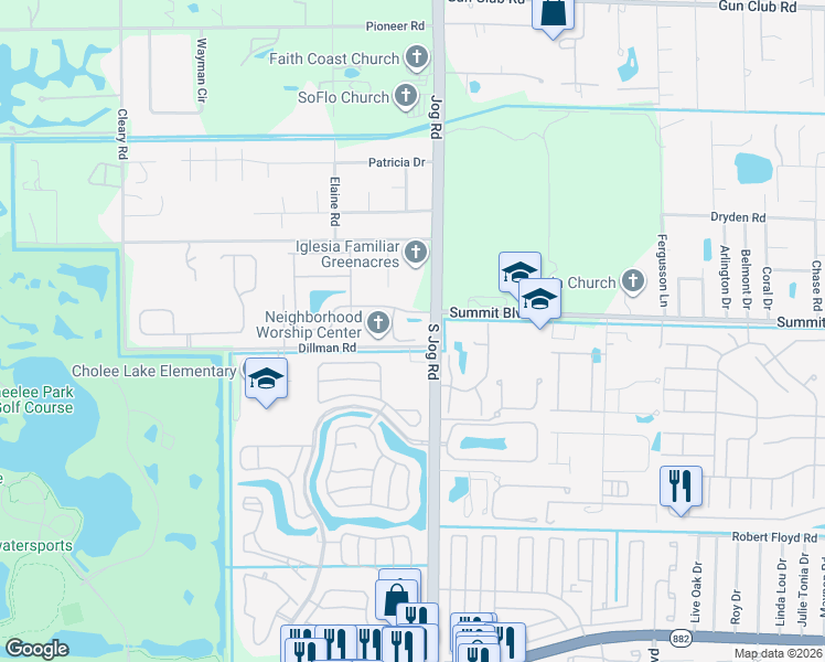 map of restaurants, bars, coffee shops, grocery stores, and more near 6414 Suntree Court in Greenacres