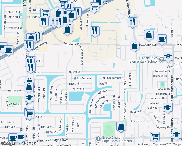 map of restaurants, bars, coffee shops, grocery stores, and more near 2043 Northeast 5th Terrace in Cape Coral