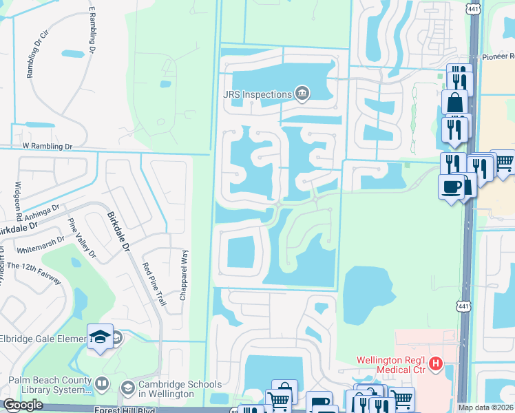 map of restaurants, bars, coffee shops, grocery stores, and more near 10604 Old Hammock Way in Wellington