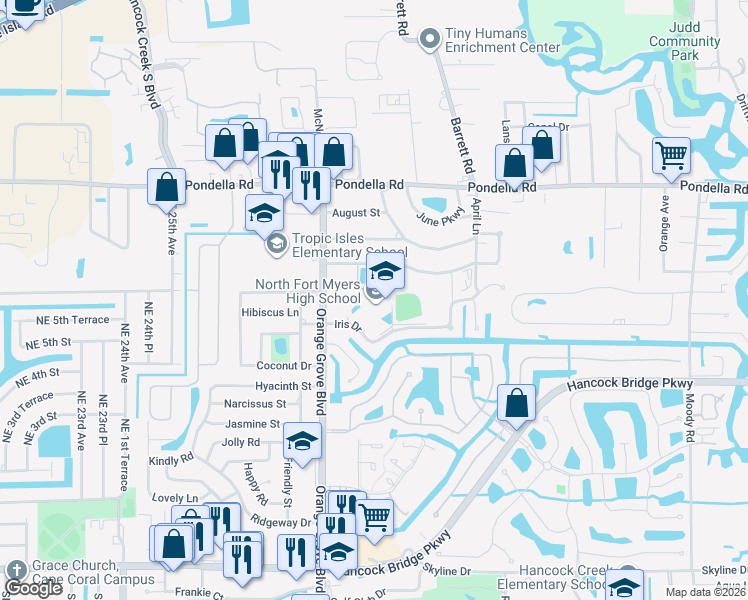 map of restaurants, bars, coffee shops, grocery stores, and more near 5000 Orange Grove Boulevard in North Fort Myers