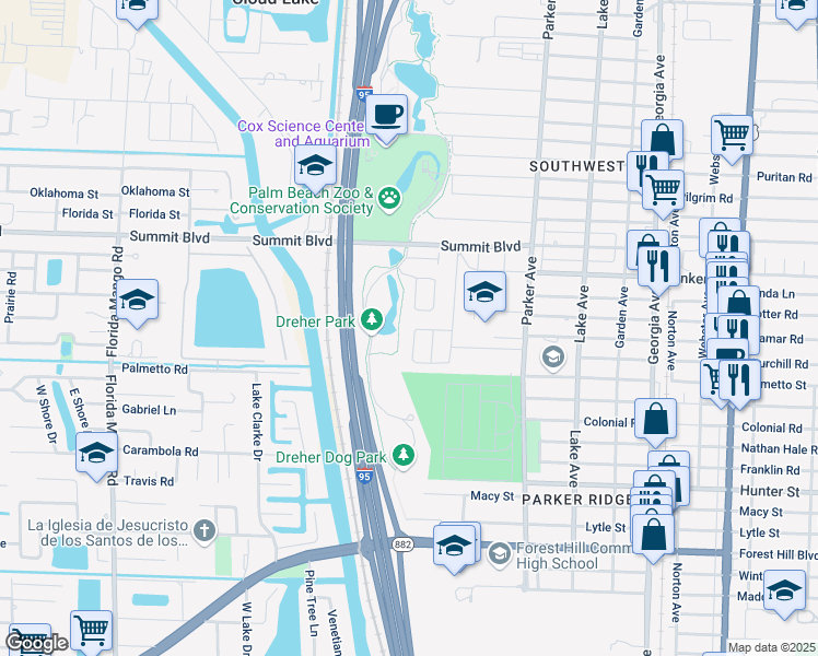 map of restaurants, bars, coffee shops, grocery stores, and more near 5807 Churchill Circle West in West Palm Beach