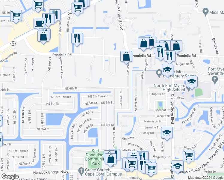 map of restaurants, bars, coffee shops, grocery stores, and more near 526 Northeast 24th Avenue in Cape Coral