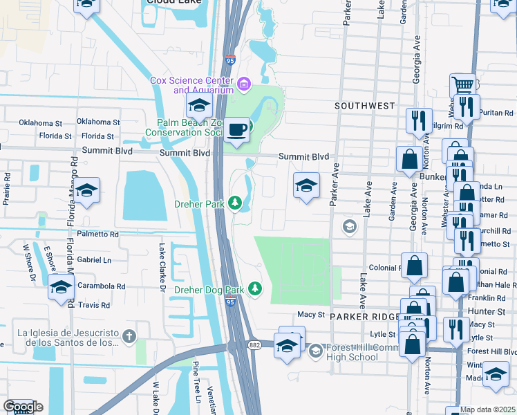 map of restaurants, bars, coffee shops, grocery stores, and more near 5807 Churchill Circle West in West Palm Beach