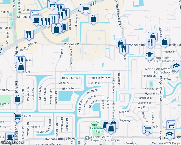 map of restaurants, bars, coffee shops, grocery stores, and more near 2119 Northeast 5th Terrace in Cape Coral