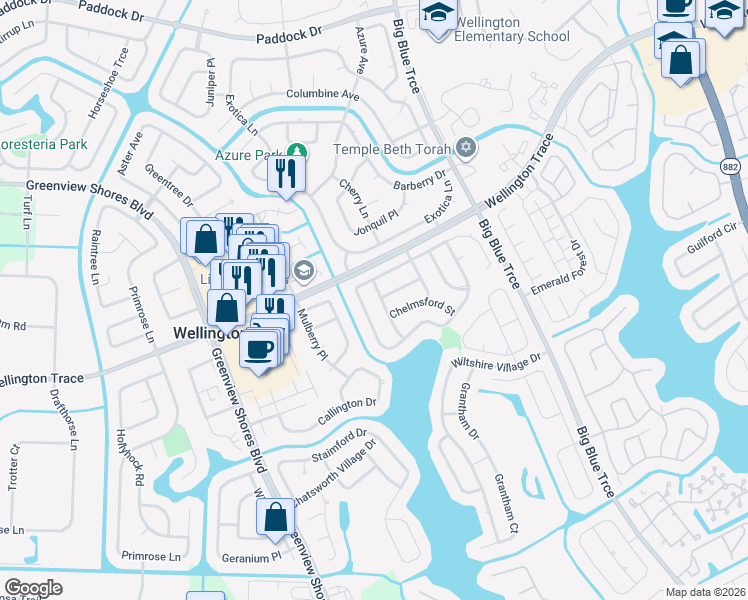 map of restaurants, bars, coffee shops, grocery stores, and more near 1281 Torrington Avenue in Wellington